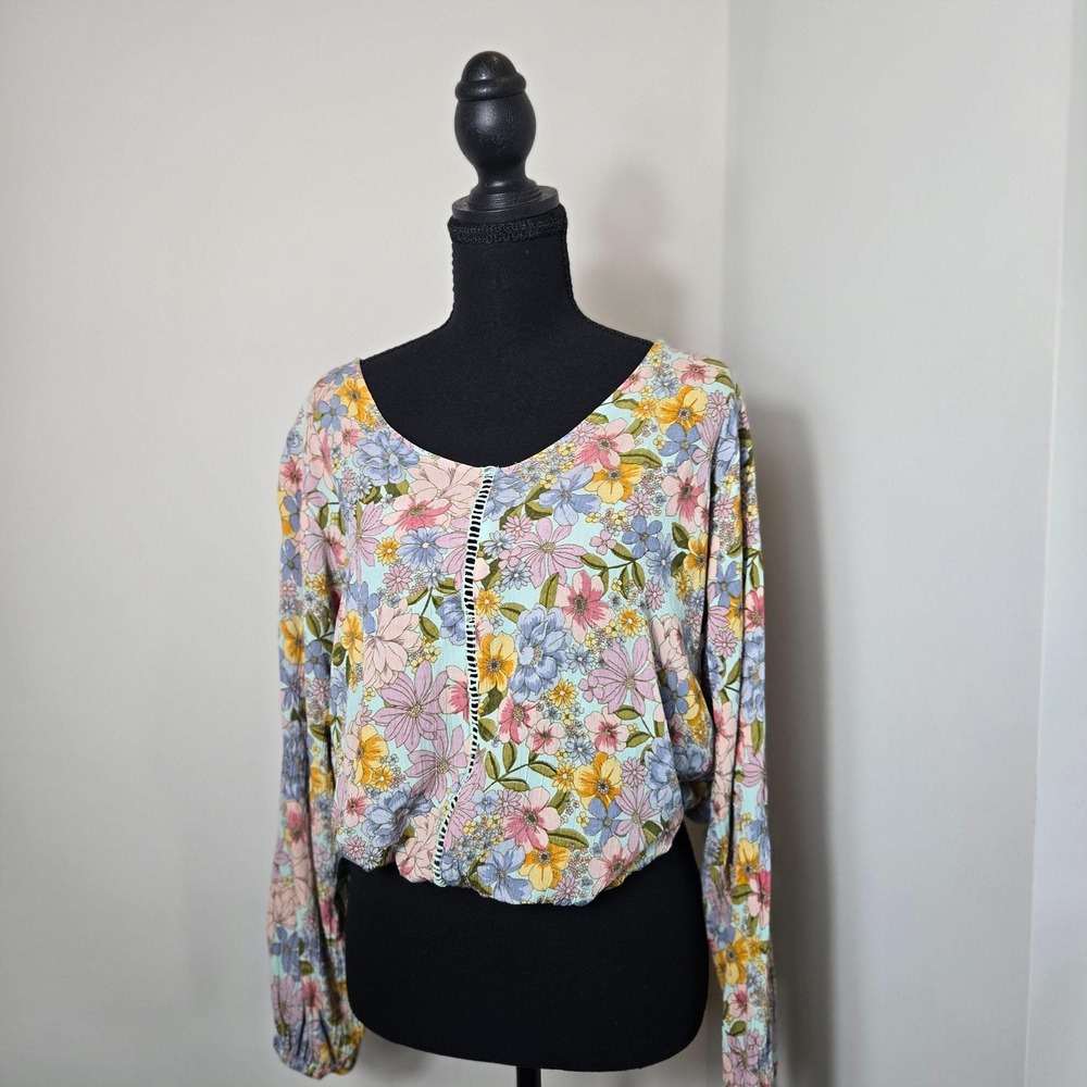 Angie Floral Blouse Womens L Multicolor Crochet Trim Open Back Crop Top (T7)